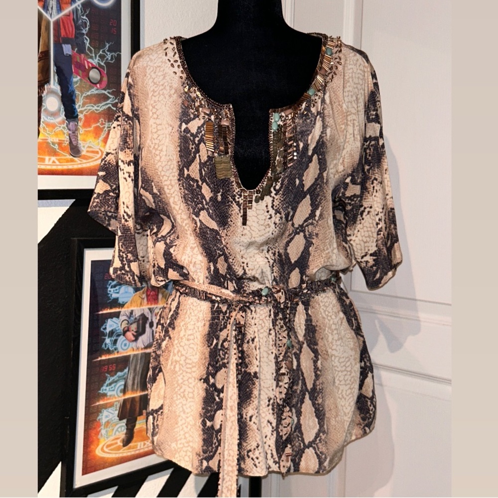 Bebe - Snake Print Tunic Top w/turquoise stone detail - Women’s Size Medium